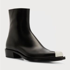 Alexander McQueen Men's Metal Pointed Toe Leather Zip Western Cowboy Ankle Boots